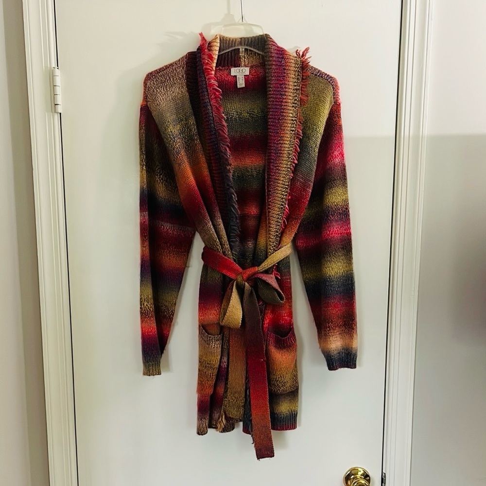 LOGO Multi-Colored Open Front Belted Cardigan